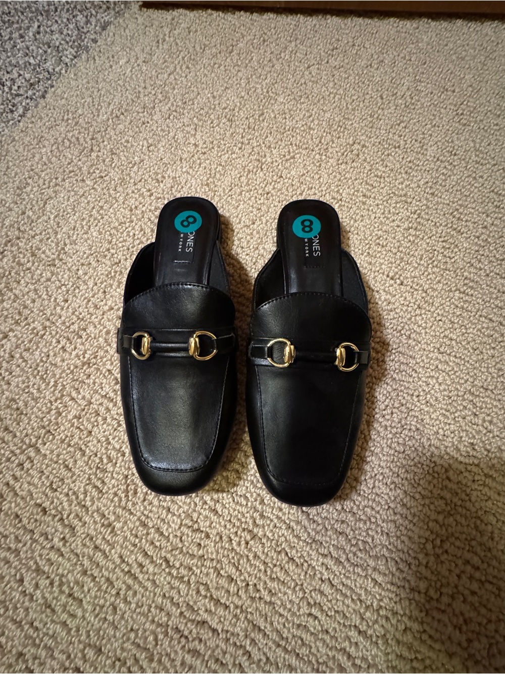 Jones New York Black Leather Backless Loafers with Gold Buckle